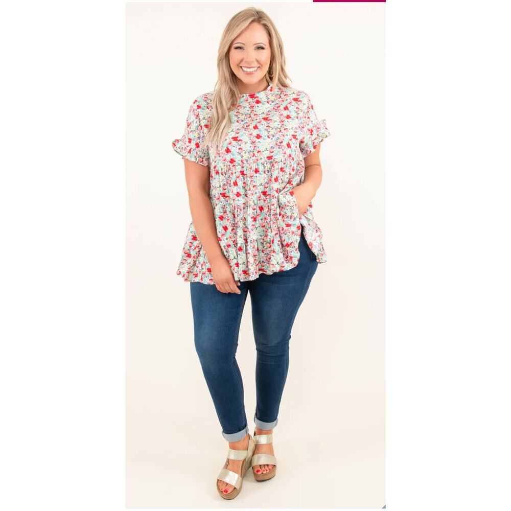 OTT Full On Love Top in Mint Coral Ruffled‎ & Flowy Babydoll Top Size 1X